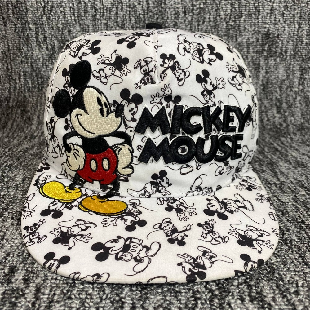 Disney Mickey Mouse Snapback Hat Adult OSFM White Black All Over Print Flat Bill